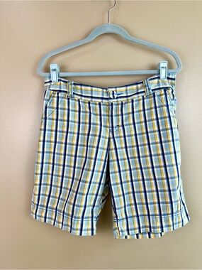 Mossimo Supply Co Womens Plaid Bermuda Shorts Size 11 Blue Yellow Cotton Preppy